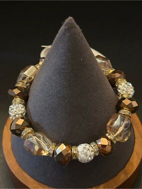 Crystal & Brown Bead Stretch Bracelet with Gold Accents NWT